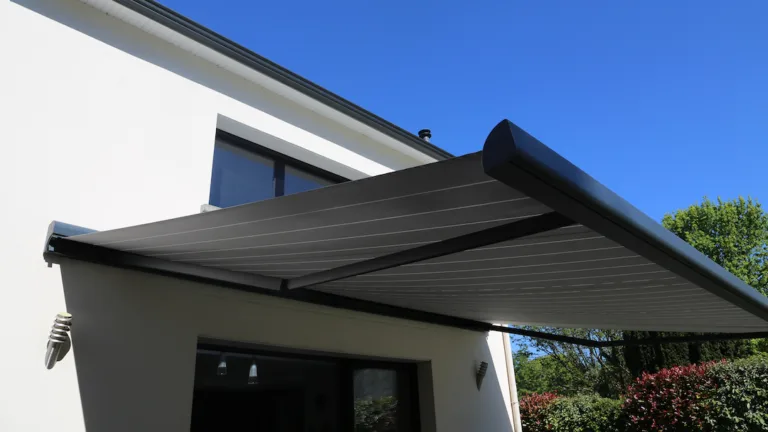 electric aluminum modern awning on a modern house