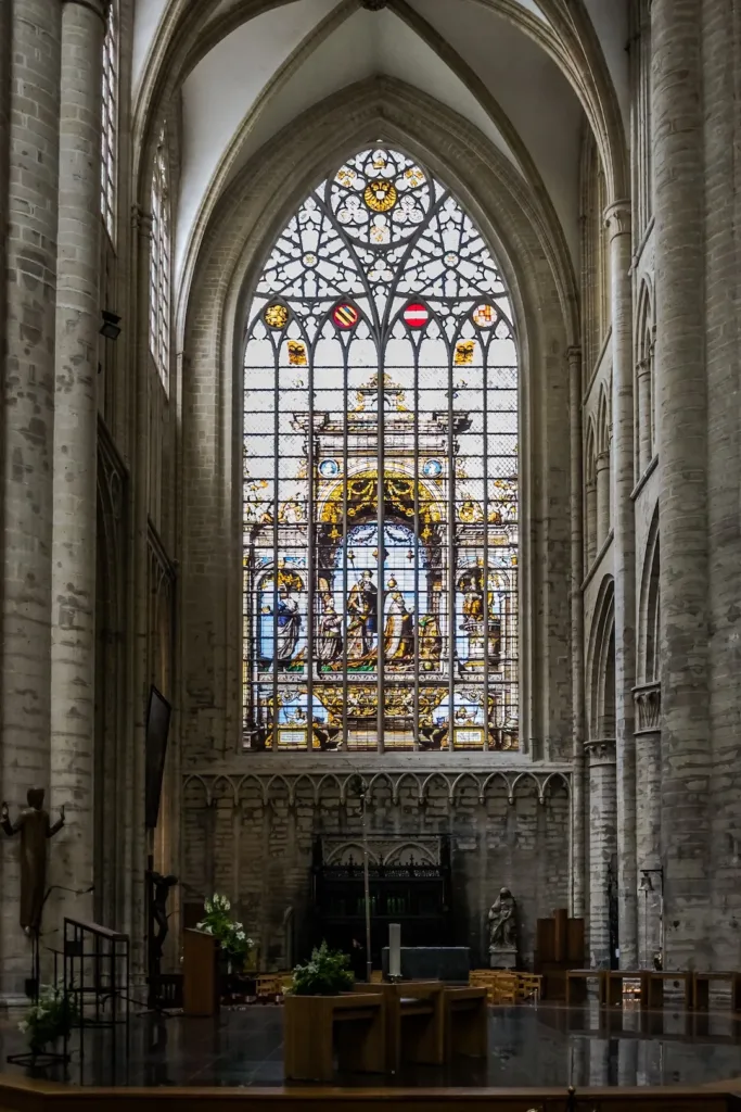 View of the stained glass windows of the Cathedral of St. Michael and St. Gudula, a medieval Roman Catholic cathedral in the city center