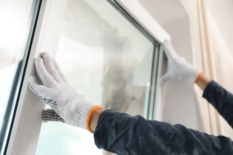 Worker installing vinyl window indoors, closeup view