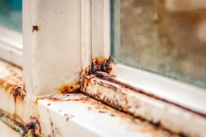 Close up of rust on an old white iron window in the corner of the frame with a blurred background