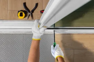 Worker fixing derailed roller of sliding door. Replace Sliding Glass Door Rollers concept