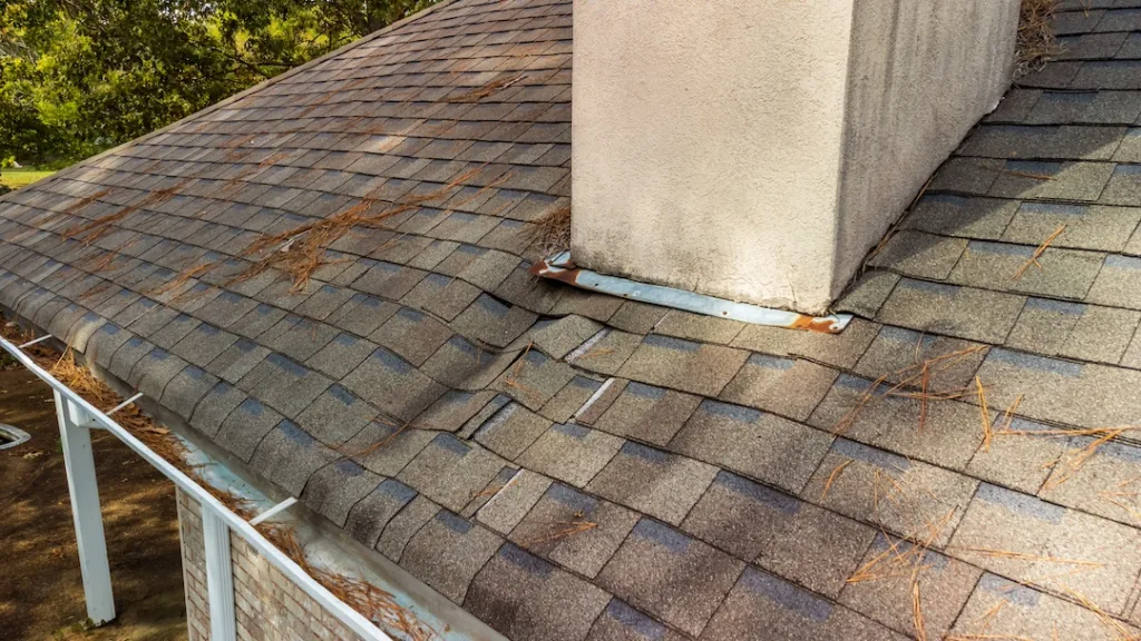 Sagging roof deck shingles curled and damaged from water leak