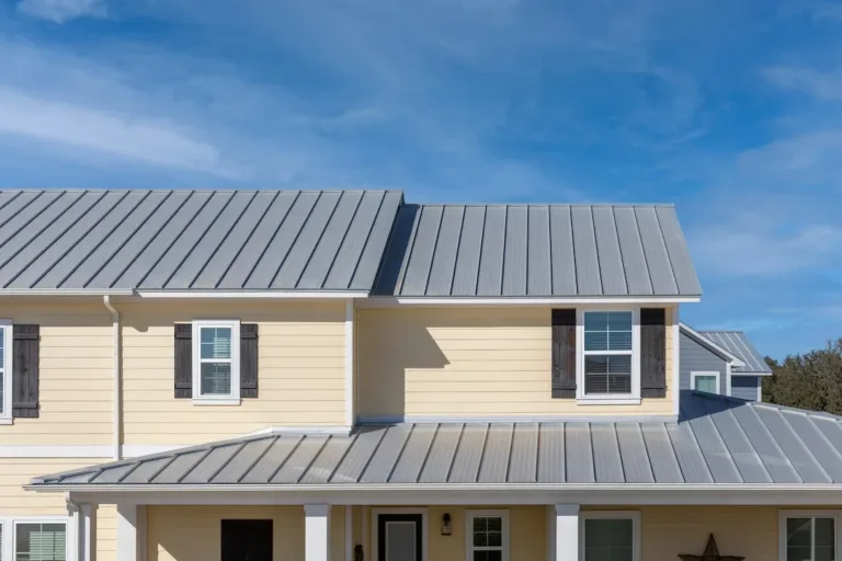 Single family home featuring a metal roof.