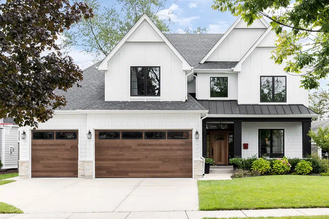 English oak plank garage door with traditional woodgrain texture for New Jersey home