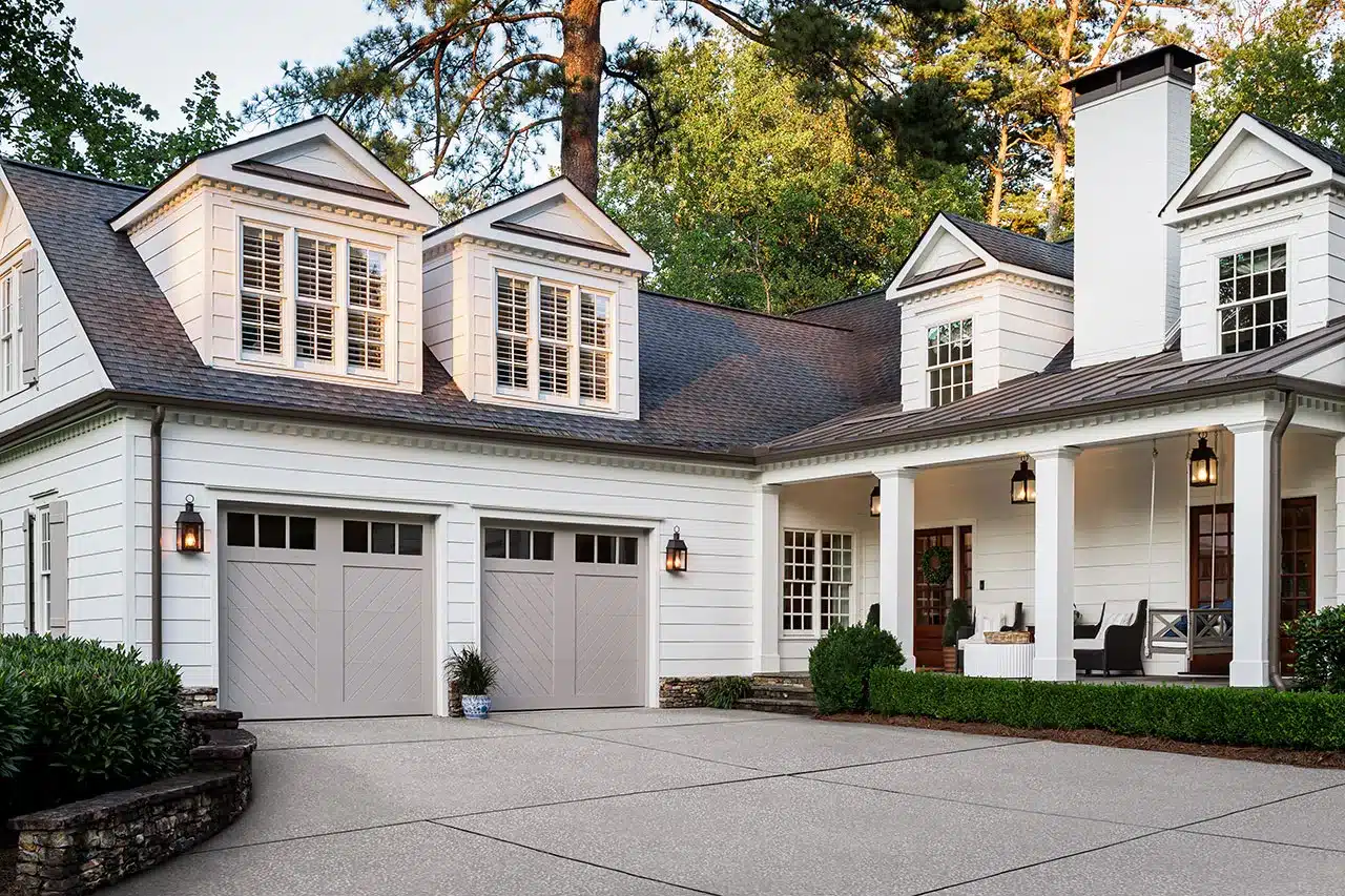 Clopay Chevron style garage door with distinctive geometric panel pattern
