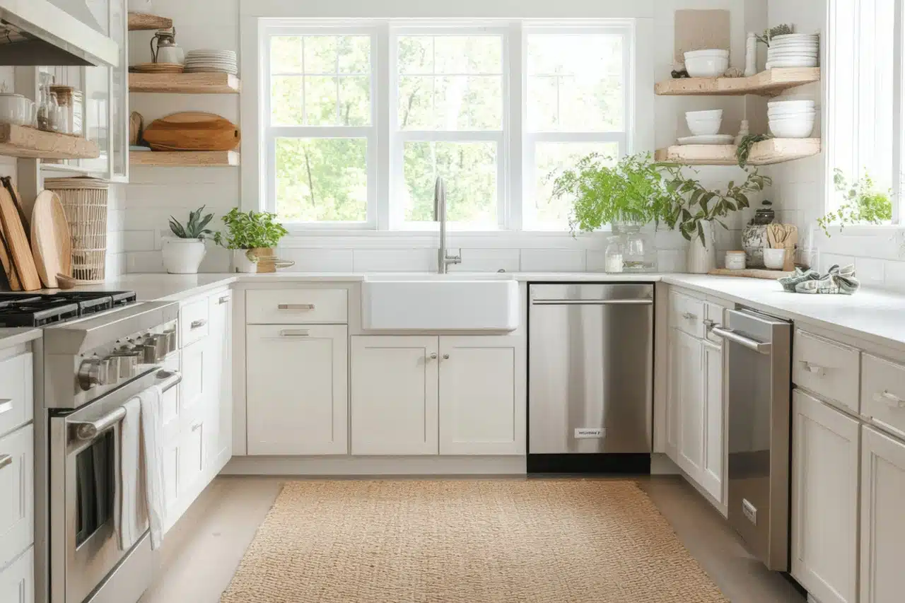 Modern kitchen remodel with custom white cabinets and stainless appliances