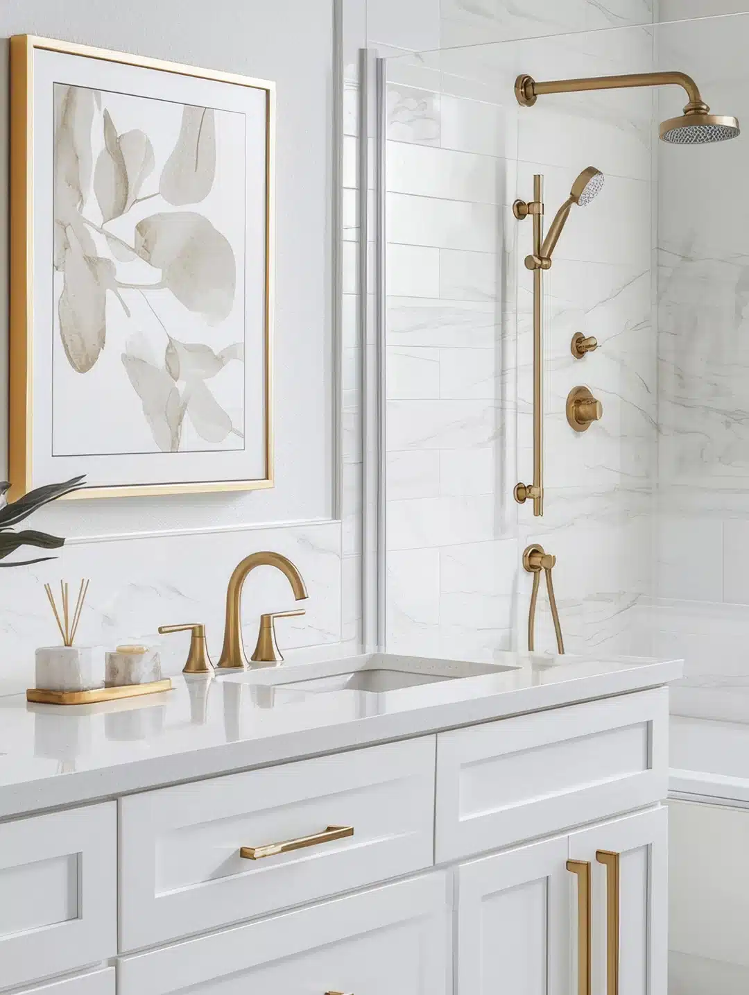 Luxury bathroom remodel featuring frameless glass shower and gold fixtures