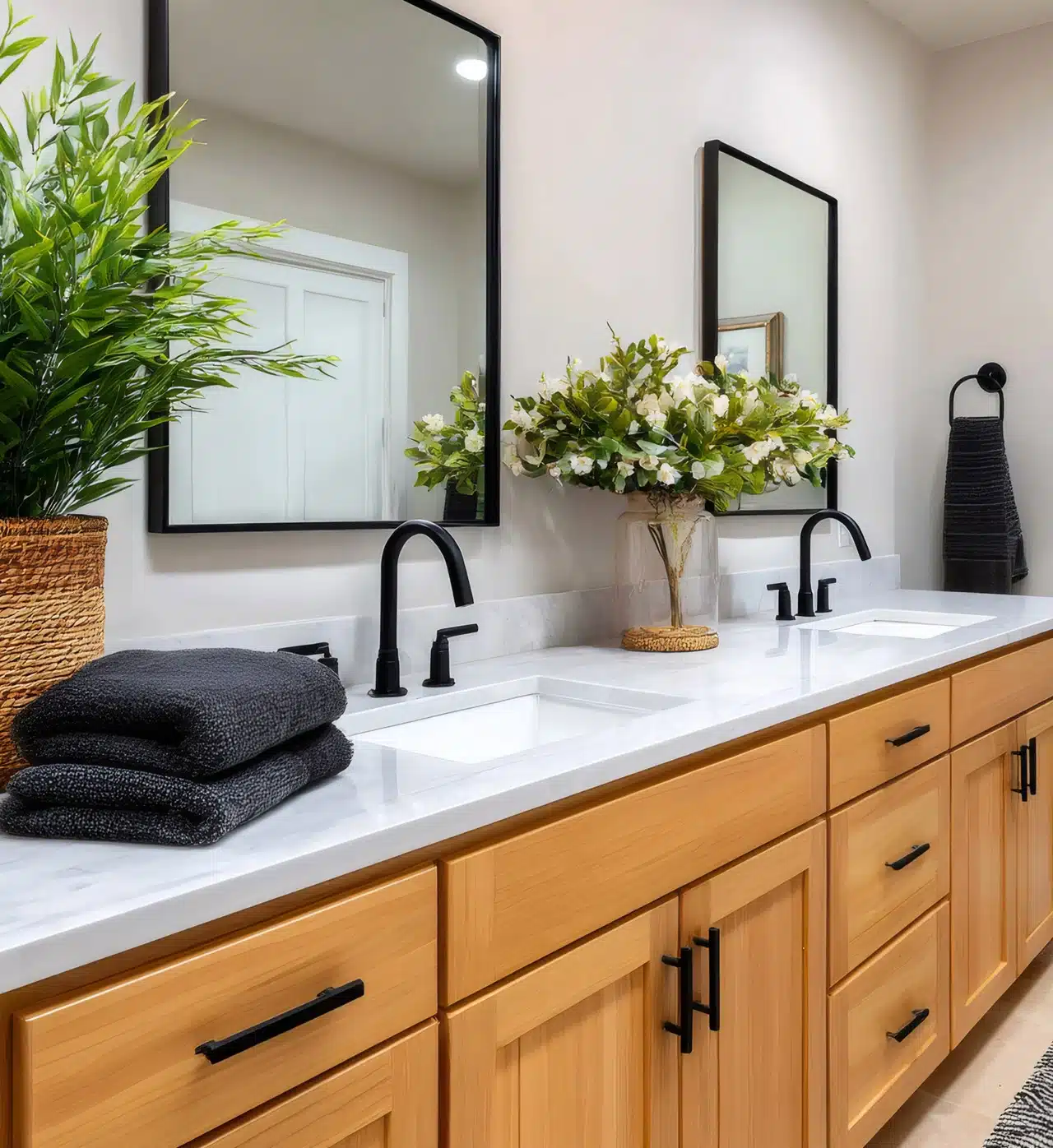 Spa-inspired bathroom with warm wood cabinets and black accent fixtures