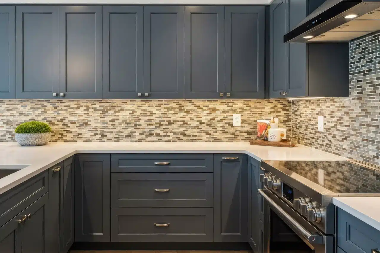 Open concept kitchen with custom cabinetry and tile backsplash