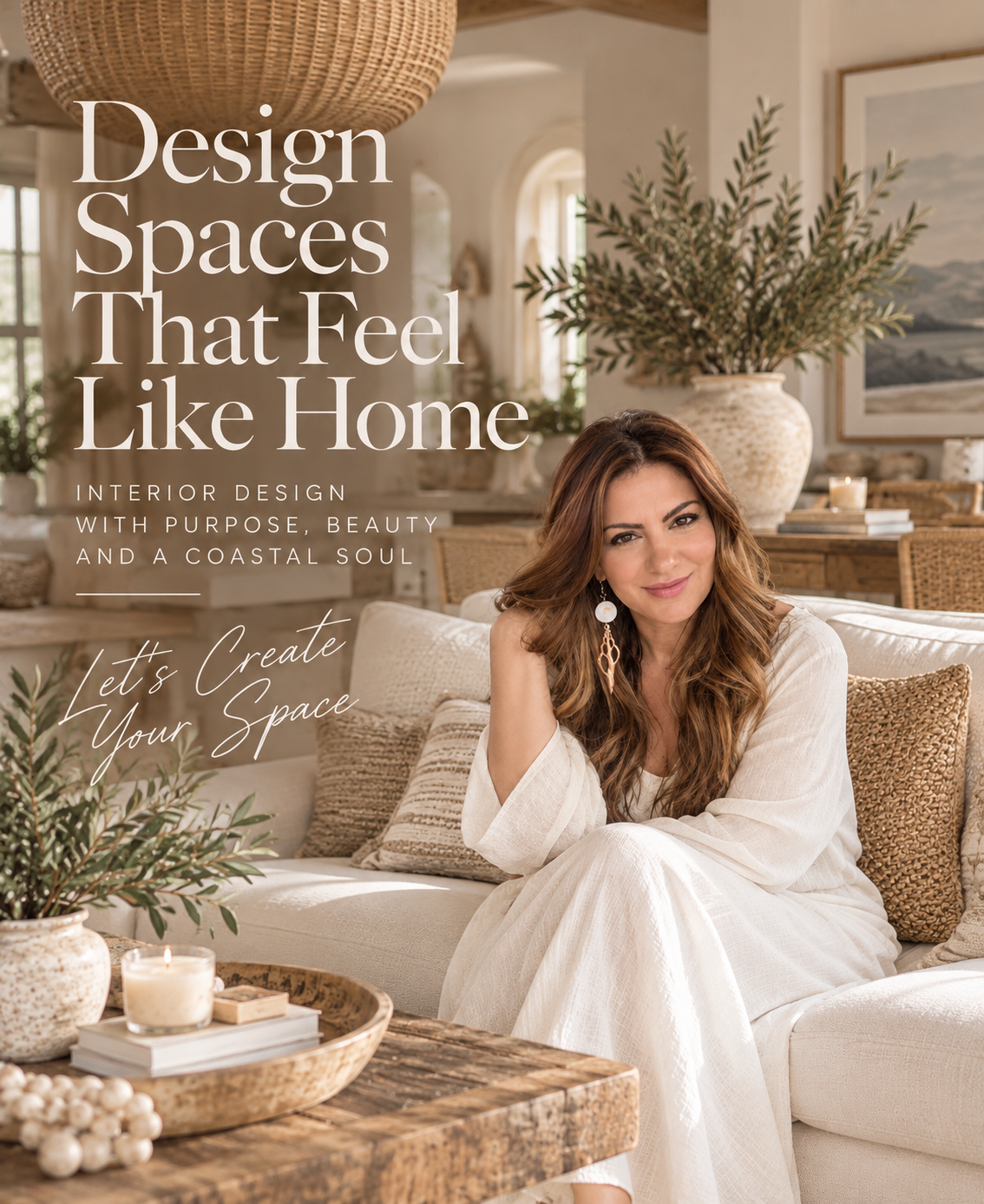 Gina in a warm coastal interior. Design spaces that feel like home.